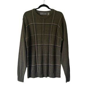 Oscar De La Renta Mens Olive Plaid Knit Crewneck Pullover Sweater Size L